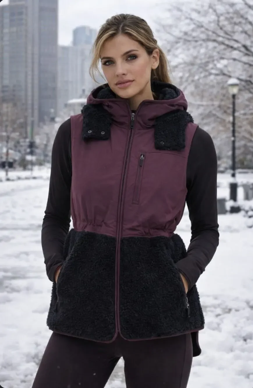 Sweaty Betty Sherpa Fleece Vest Plum Black Hooded Urban Athleisure Size 8